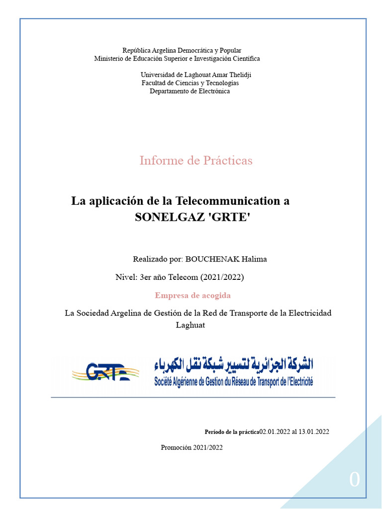 Informe de Prácticas en SONELGAZ GRTE | PDF | Corriente eléctrica ...