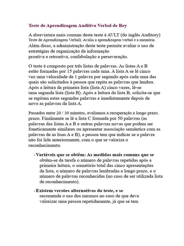 Teste AVLT: Avaliação de Memória Verbal | PDF | Aprendizado | Memória