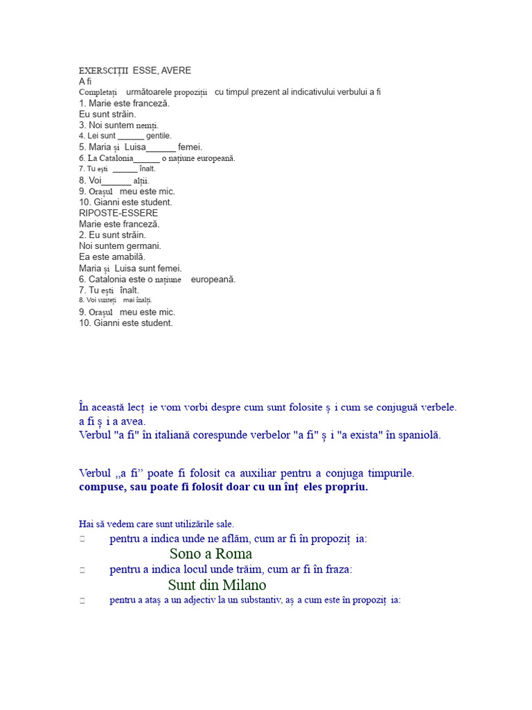 Exerciții Cu Verbul A Fi | PDF