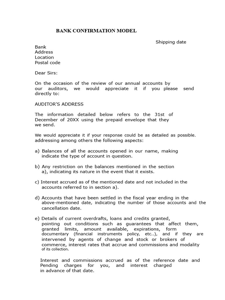 Bank Confirmation Request Template | PDF | Banks | Loans