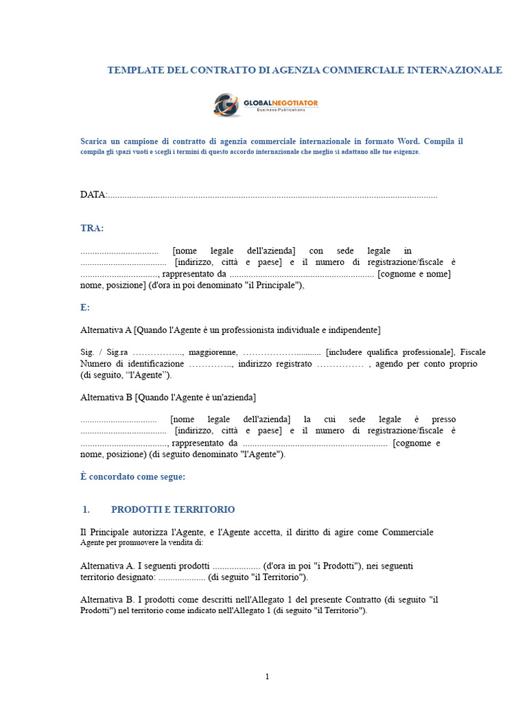 Esempio Di Modello Di Contratto Di Agenzia Commerciale Internazionale | PDF