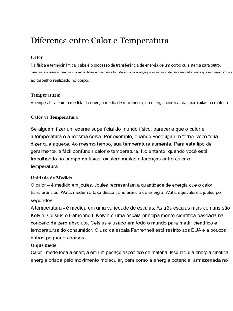 Diferença Entre Calor e Temperatura | PDF | Temperatura | Calor
