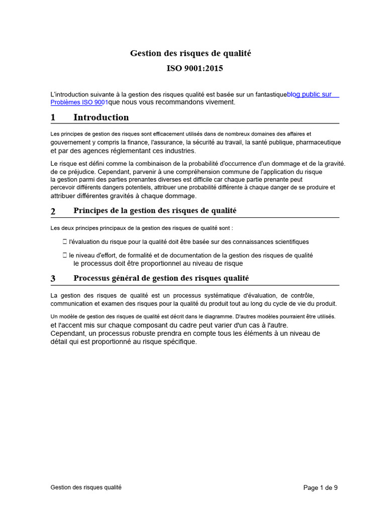 Gestion des Risques de Qualité ISO 9001 | PDF | Gestion des risques ...