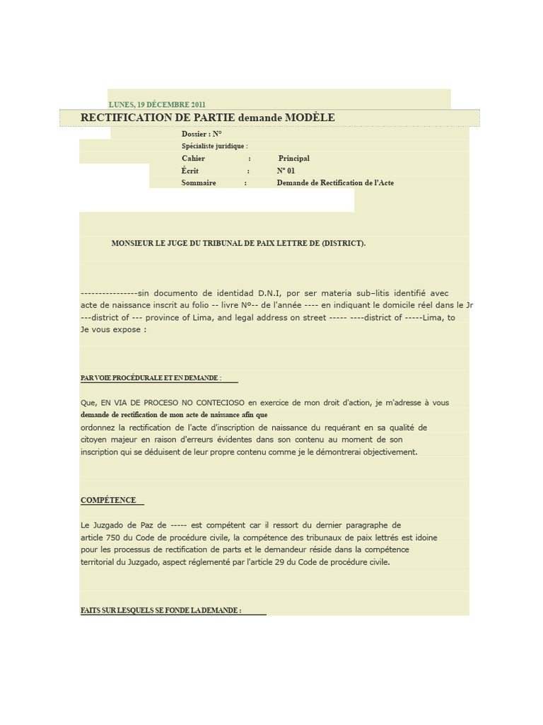 Demande de Rectification d'Acte de Naissance | PDF | Certificat de ...