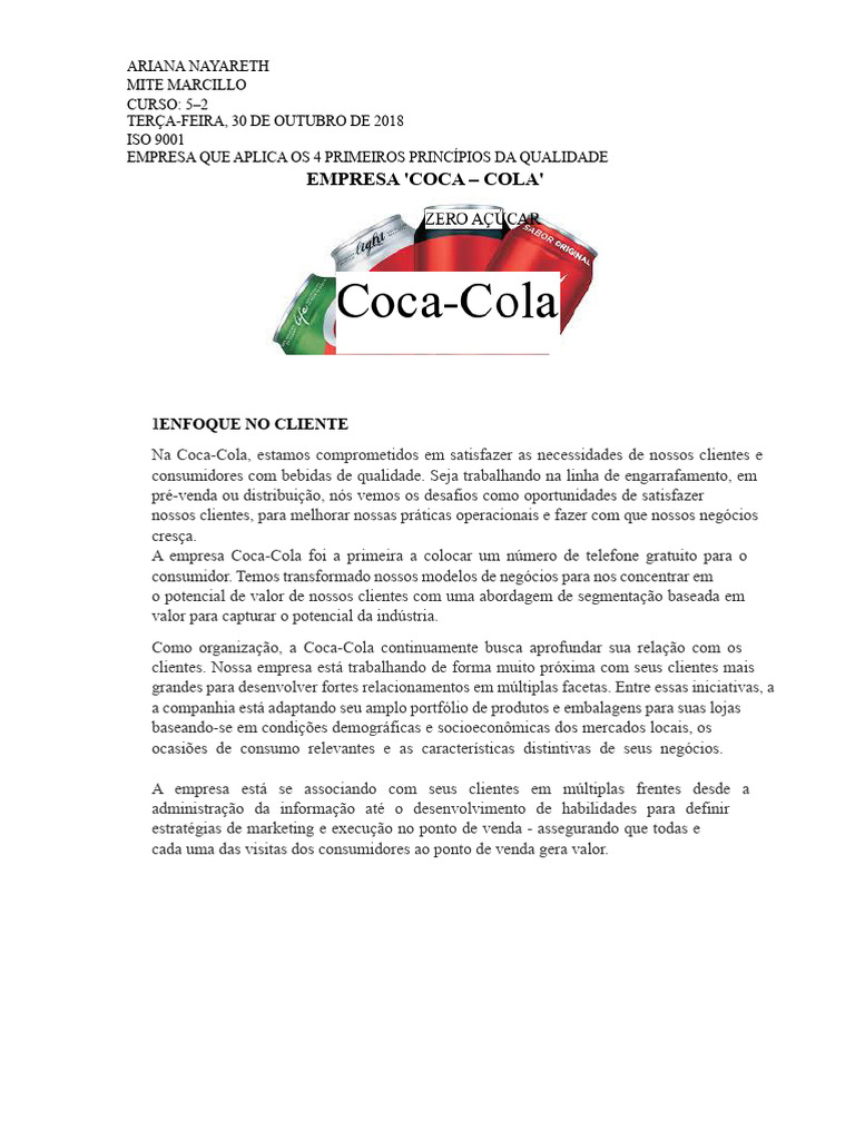 Coca-Cola e os Princípios da Qualidade ISO 9001 | PDF | Coca Cola ...