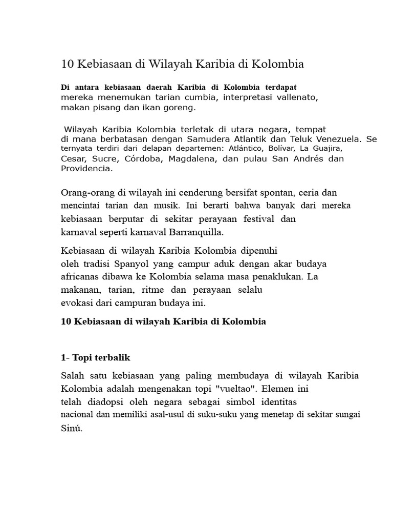 10 Kebiasaan Wilayah Karibia Di Kolombia. GABRIELA | PDF