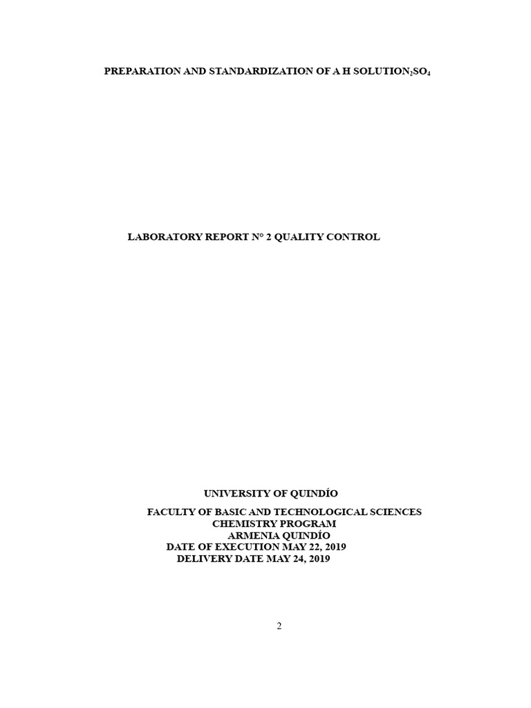 Standardization of H2SO4 Solution Report | PDF | Titration | Chemistry