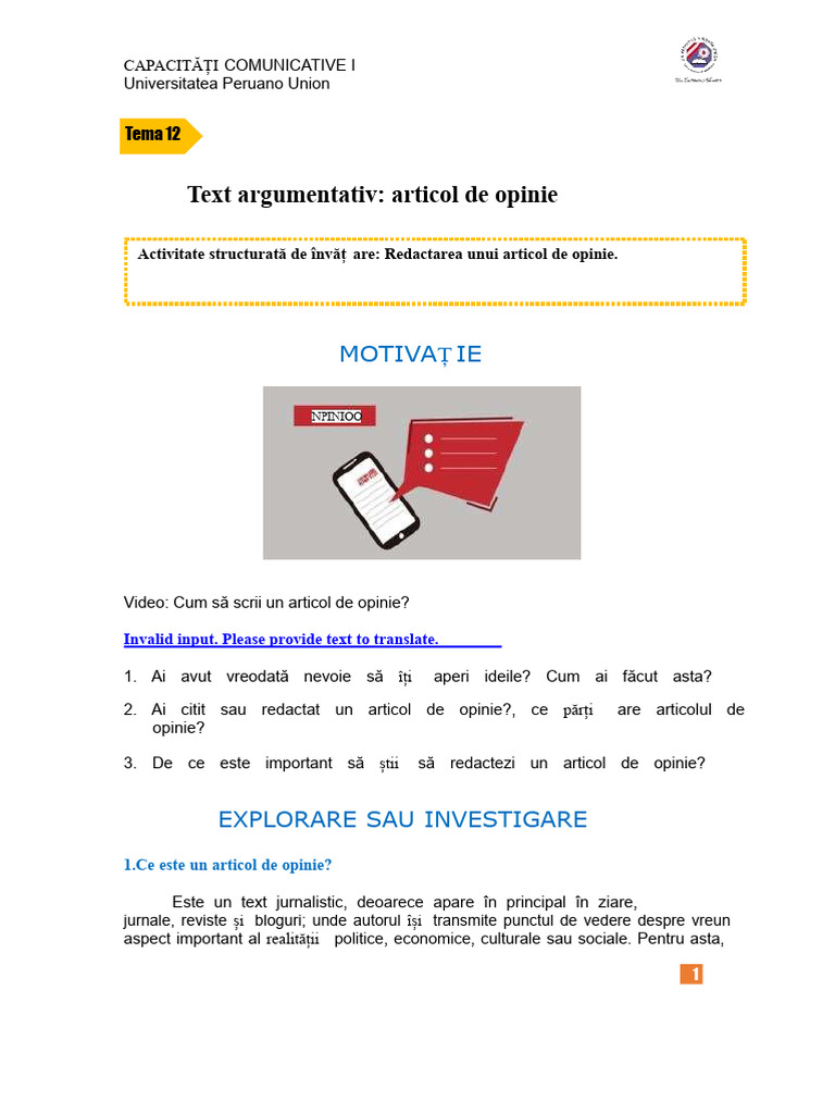 Tema 12 - Text Argumentativ - Articol de Opinie | PDF