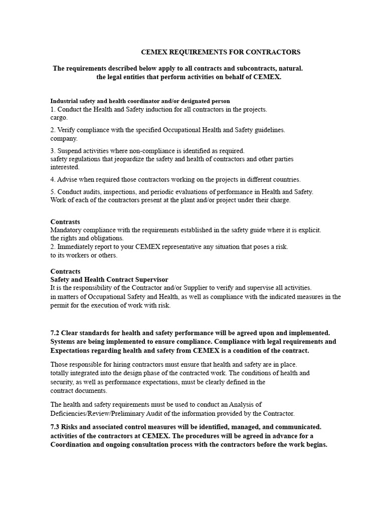CEMEX Contractor Safety Requirements | PDF | Occupational Safety And ...
