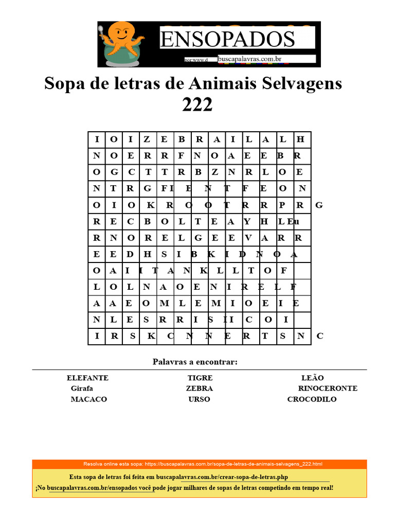 Sopa de Letras: Animais Selvagens | PDF