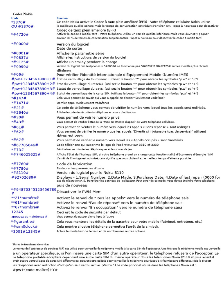 Codes de déblocage pour téléphones Nokia | PDF | Téléphone ...