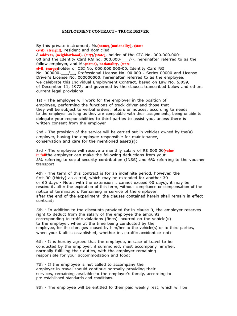 Truck Driver Employment Contract Template | PDF | Employment | Business