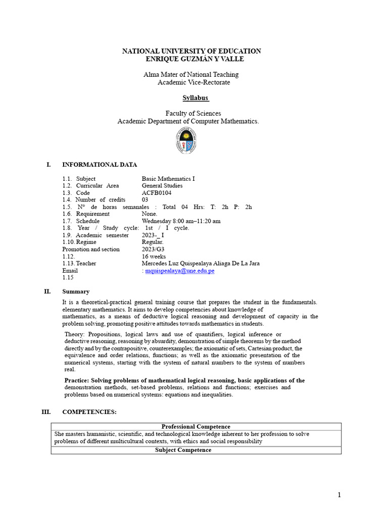 Basic Mathematics I Syllabus Overview | PDF | Mathematics | Deductive ...
