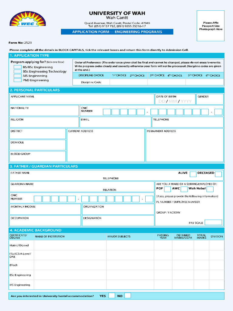 Admission Form Fall 2025 - Engineering Programs | PDF