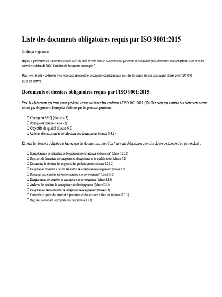 Liste Des Documents Obligatoires Requis Par l'ISO 9001 | PDF | Business
