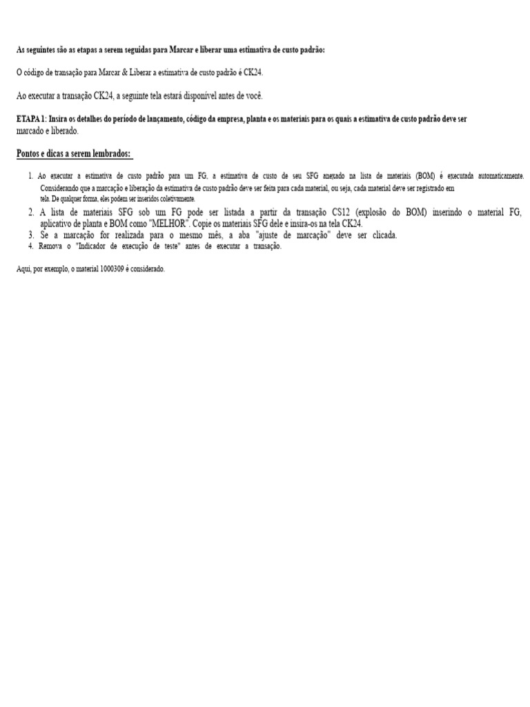 Marcar e Liberar Estimativa de Custo CK24 | PDF