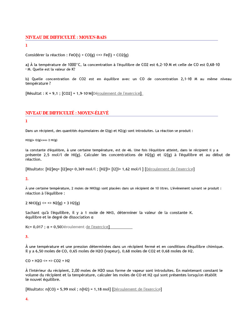 Calculs d'équilibre chimique et constantes | PDF | Équilibre chimique ...