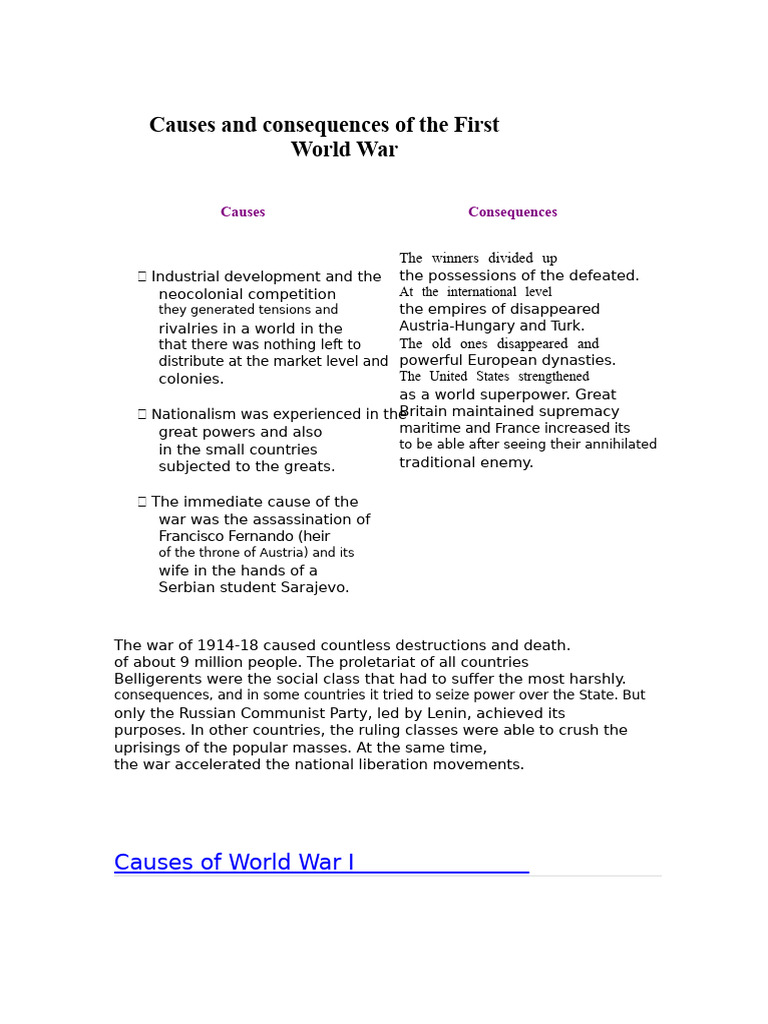 Causes and Consequences of WWI | PDF | World War I | International ...