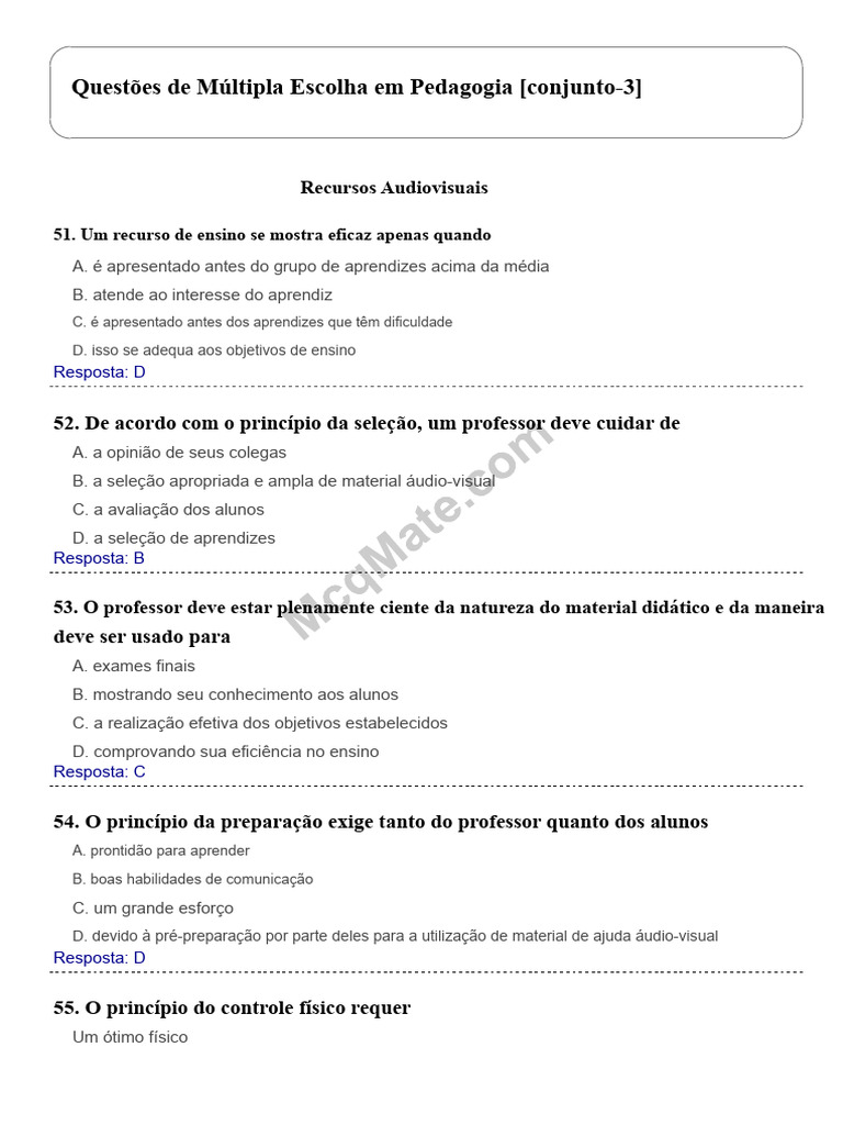 Questões de Múltipla Escolha: Pedagogia e Recursos Audiovisuais | PDF ...
