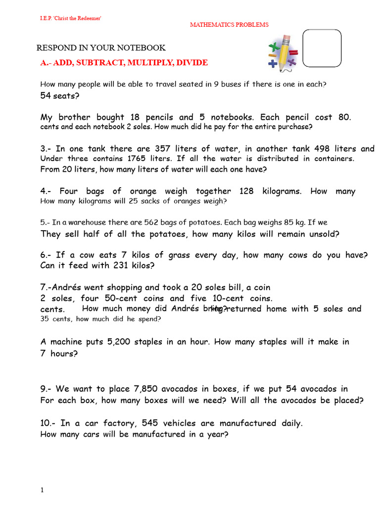 Math Problems for Christ the Redeemer | PDF | Kilogram | Litre