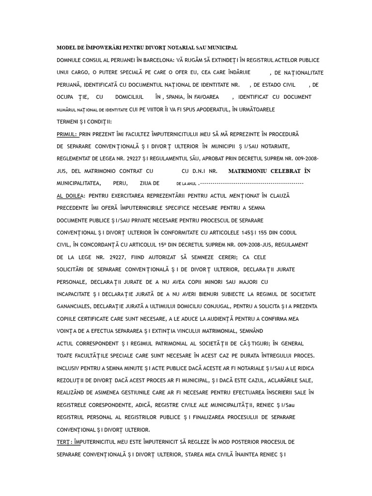 Model de Procură Pentru Divorț Notarial Sau Municipal | PDF
