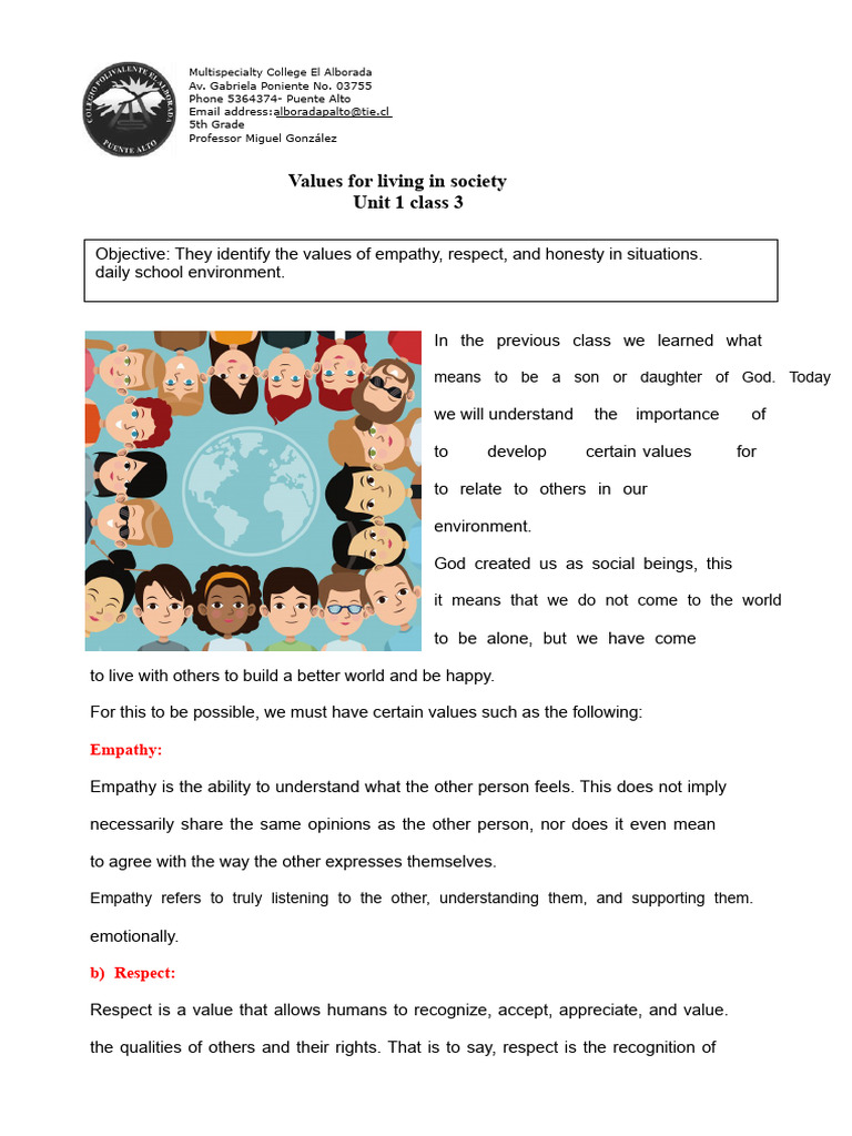 5th Grade 3 Values To Live in Society | PDF | Empathy | Psychology