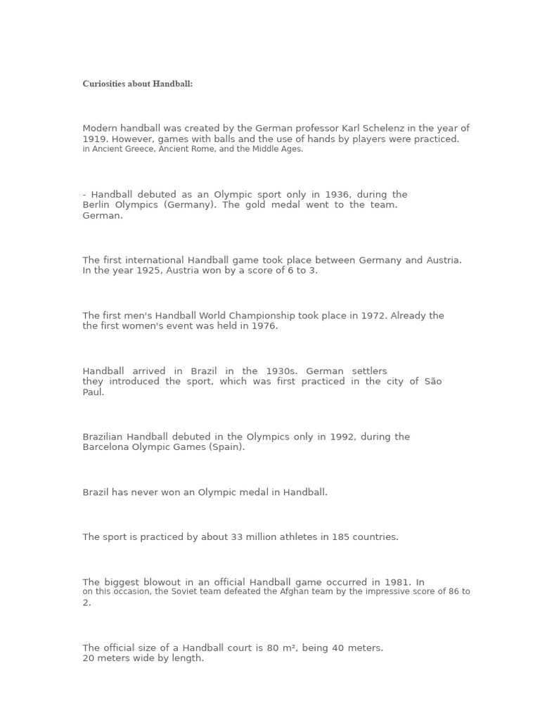 Curiosities About Handball | PDF | Athletic Sports | Ball Games