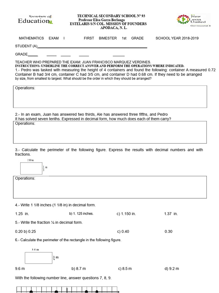 Mathematics Exam 1 | PDF | Decimal | Area
