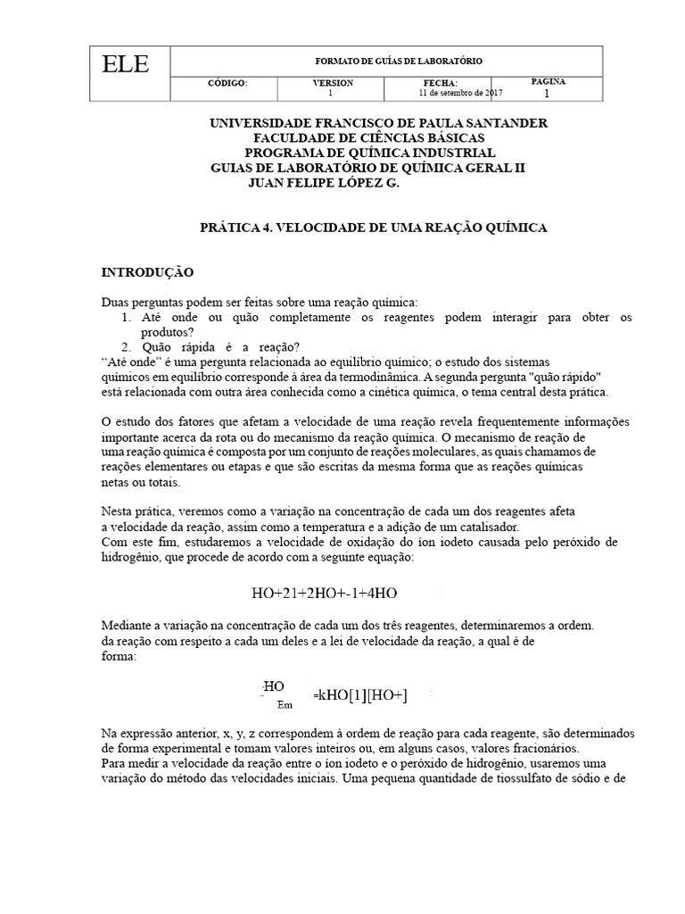 Prática 4. Velocidade de Uma Reação Química | PDF | Reações químicas ...
