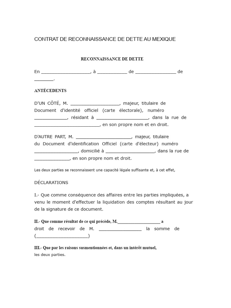 Contrat de reconnaissance de dette au Mexique | PDF | Dettes