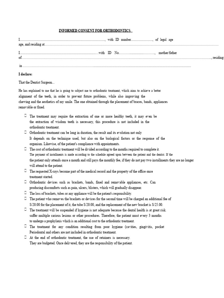 INFORMED CONSENT FOR ORTHODONTICS Current | PDF | Orthodontics | Dentistry
