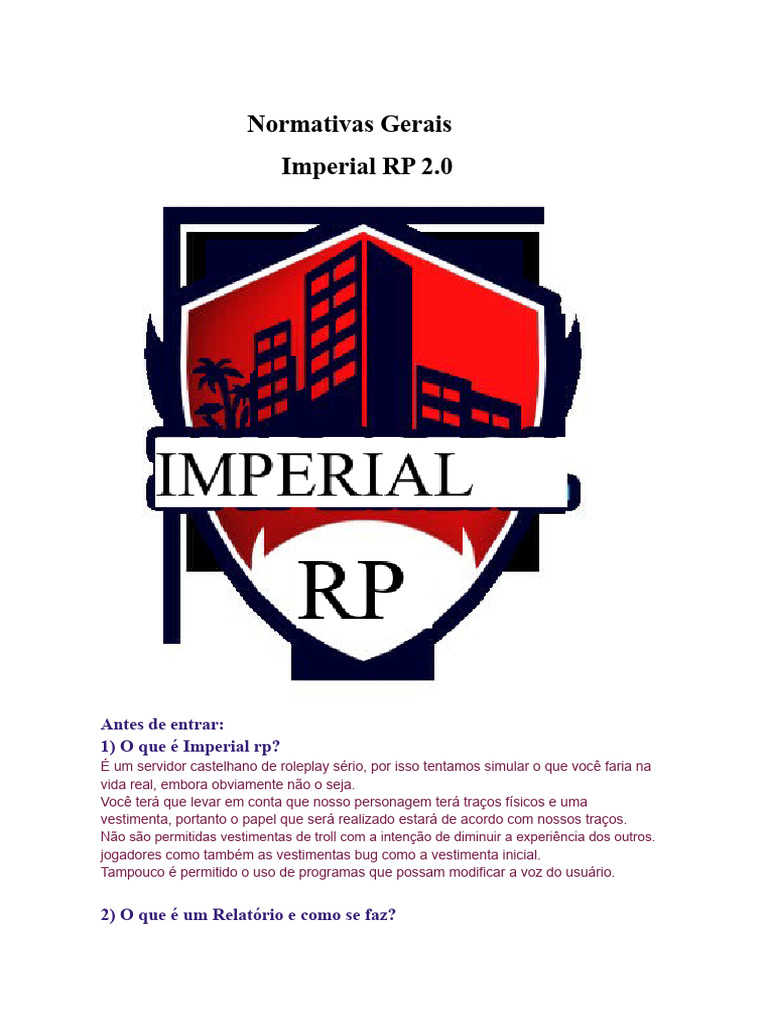 Normas de Roleplay em Imperial RP 2.0 | PDF | Armas de fogo | Jogos de RPG