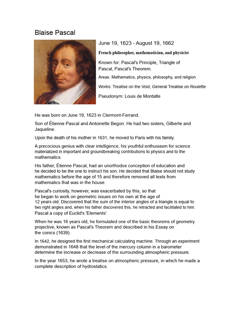 Blaise Pascal: Mathematician and Philosopher | PDF | Mathematics