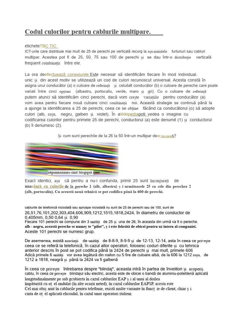 Codul Culorilor Pentru Cabluri Multipare | PDF