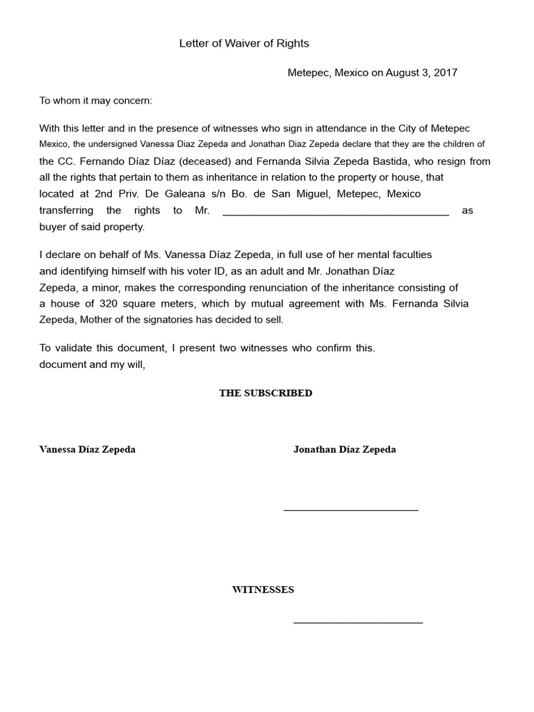 Waiver of Inheritance Rights Template | PDF | Justice | Crime & Violence