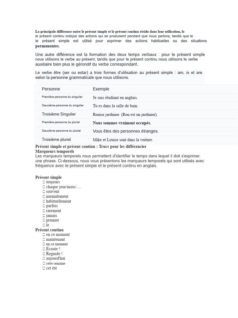 Différences entre présent simple et continu | PDF | Verbe | Nombre ...