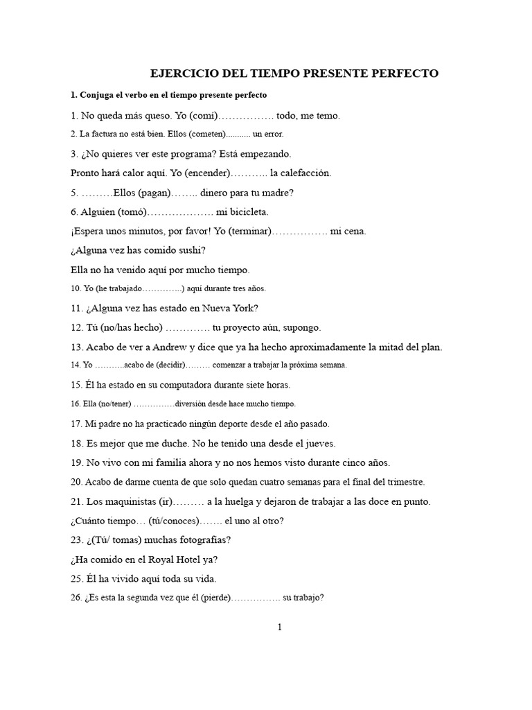 Ejercicios de Presente Perfecto en Español | PDF | Verbo