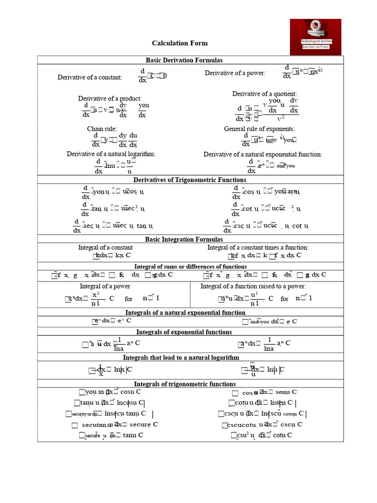 Derivatives and Integrals Form | PDF | Derivative | Exponential Function