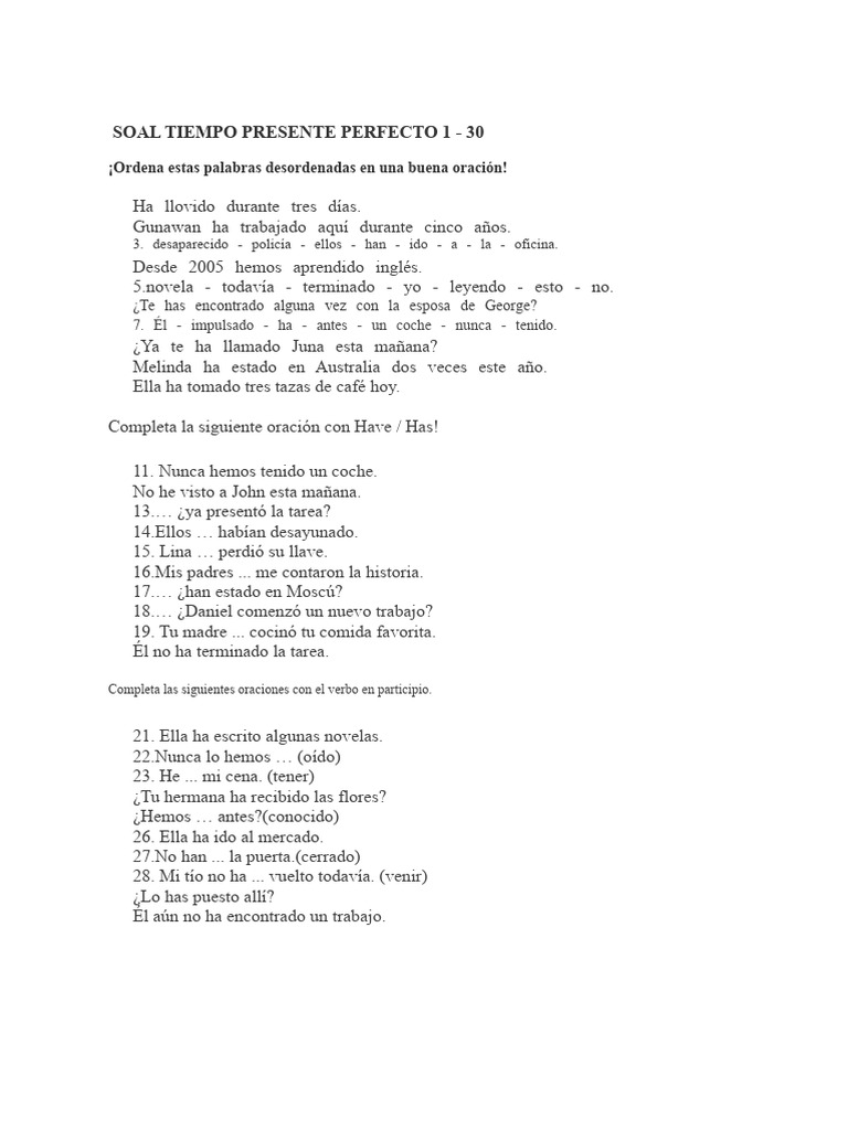Ejercicios de Presente Perfecto en Inglés | PDF