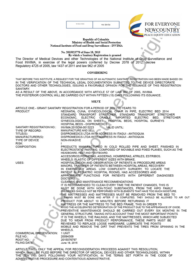 Sanitary Registration INVIMA 2015-2016 | PDF | Medical Device | Health Care