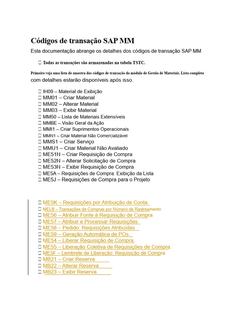 Lista de Códigos de Transação Do SAP MM | PDF | Logística