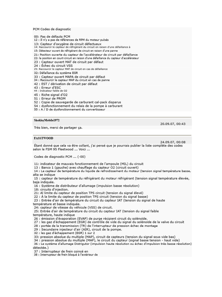 Codes de diagnostic PCM et pannes véhicules | PDF | Allumage ...