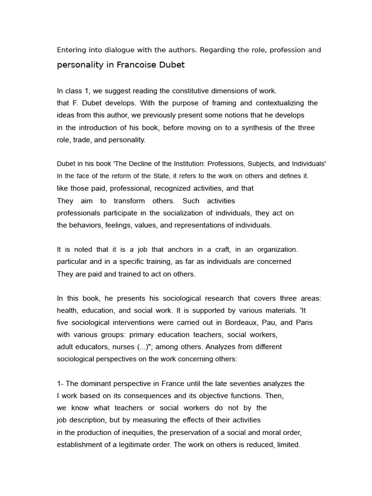 About The Role, Trade, and Personality in F. Dubet | PDF | Sociology ...