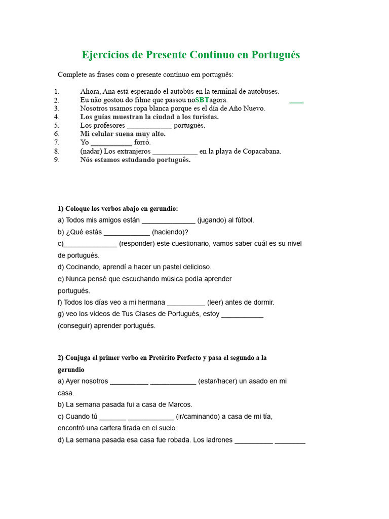 Ejercicios de Presente Continuo Portugués | PDF