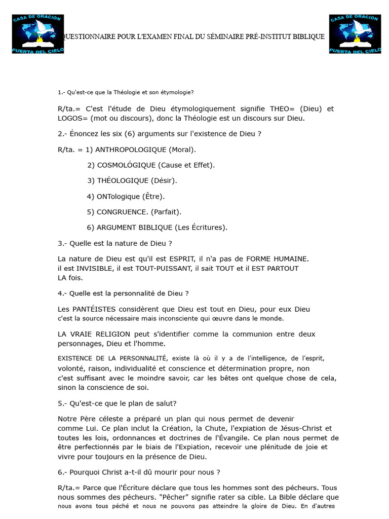 Questionnaire sur la Théologie et la Bible | PDF | Moïse | Dieu
