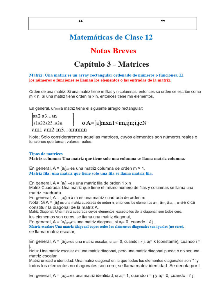 Notas Remediales de Matemáticas de 12° Grado Sobre Matrices | PDF ...