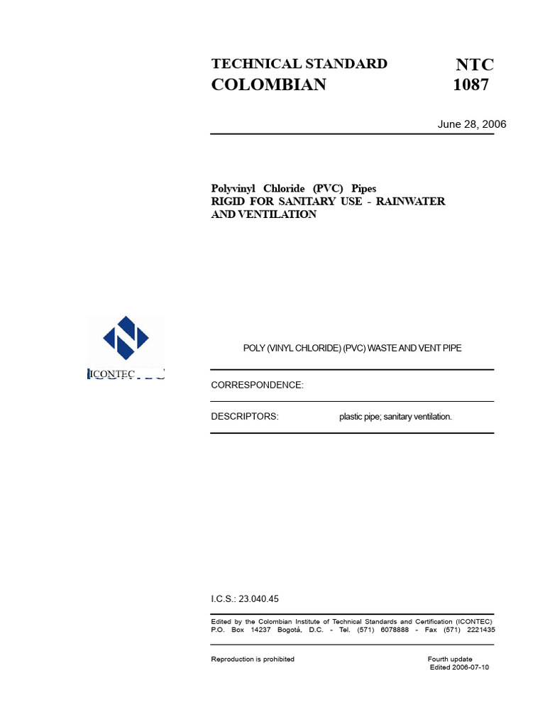NTC 1087 PVC Pipes | PDF | Polyvinyl Chloride | Pipe (Fluid Conveyance)