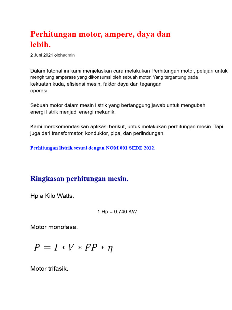 Perhitungan Daya Motor Listrik dan Ampere | PDF
