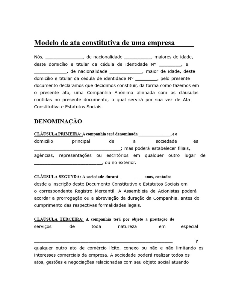 Modelo de Ata Constitutiva de Empresa | PDF | Contabilidade