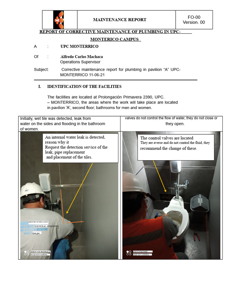 Corrective Maintenance Report Plumbing Upc-Monterrico 12-06-21 | PDF ...